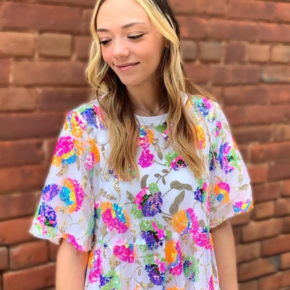 Why Dress Multi Floral Sequin Babydoll Dress - Picture 2 of 3